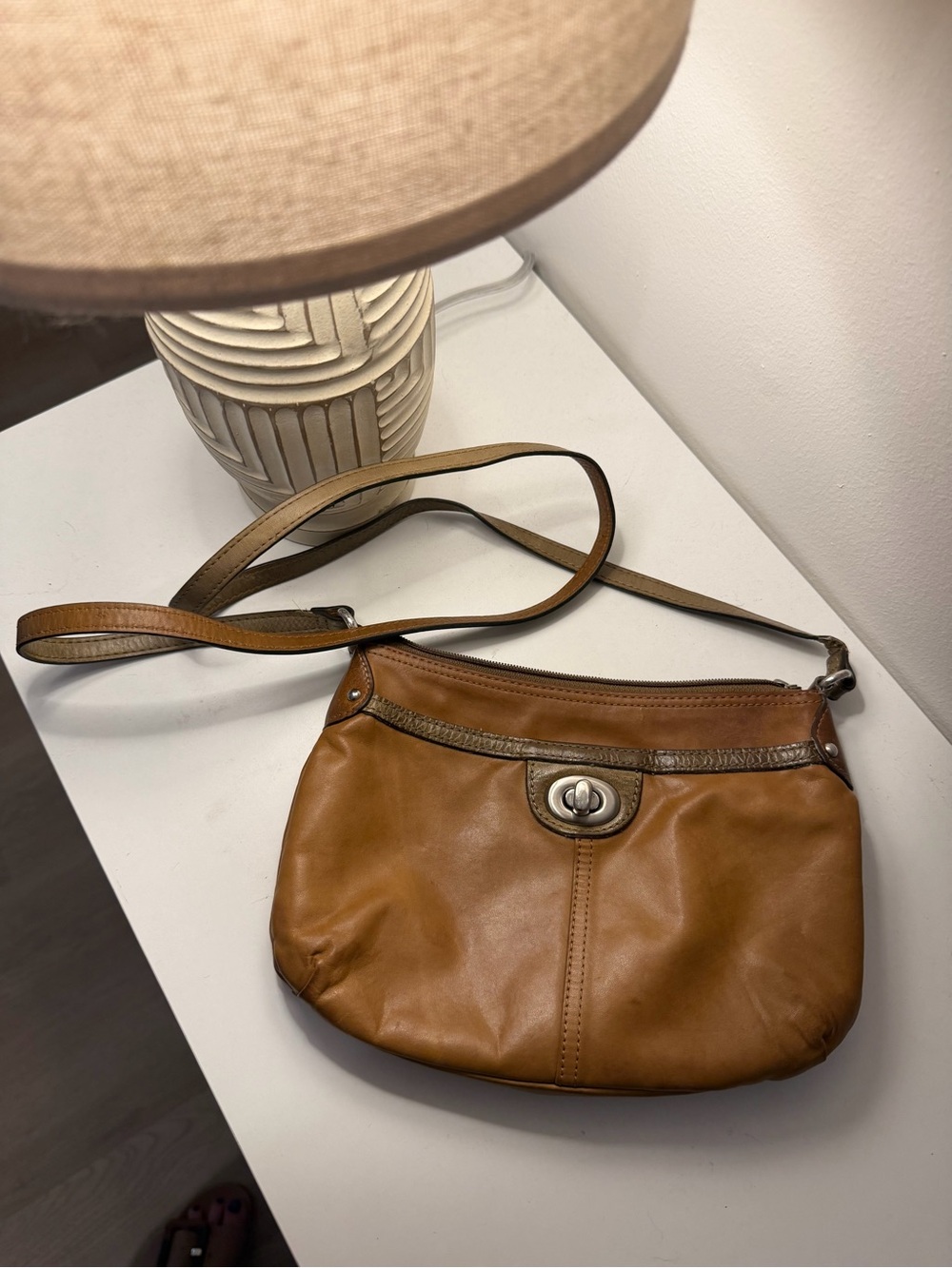 Vintage Fossil Two-Tone Leather Crossbody Bag | Tan + Olive Bronze